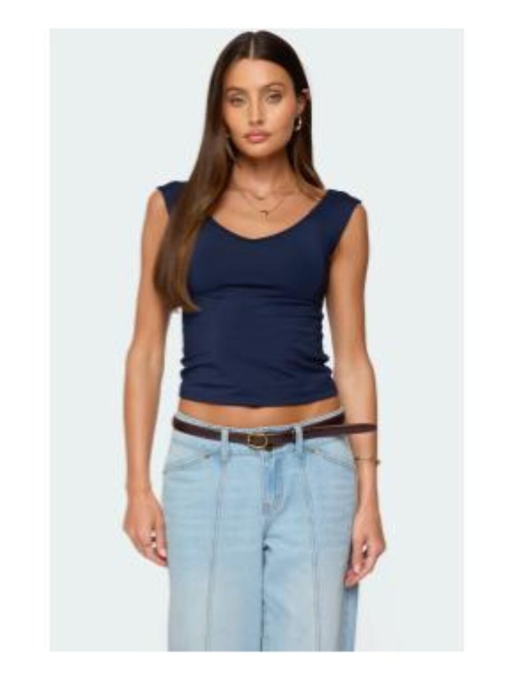 NWT Edikted Angeline Wide V Neck Top, navy, medium